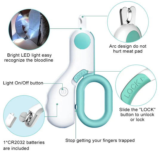 Close-up of LED light nail clipper – prevents over-cutting pet nails