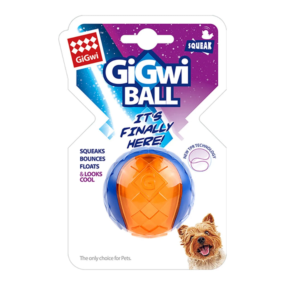 Set of colorful squeaky balls for dogs in blue, yellow, and orange