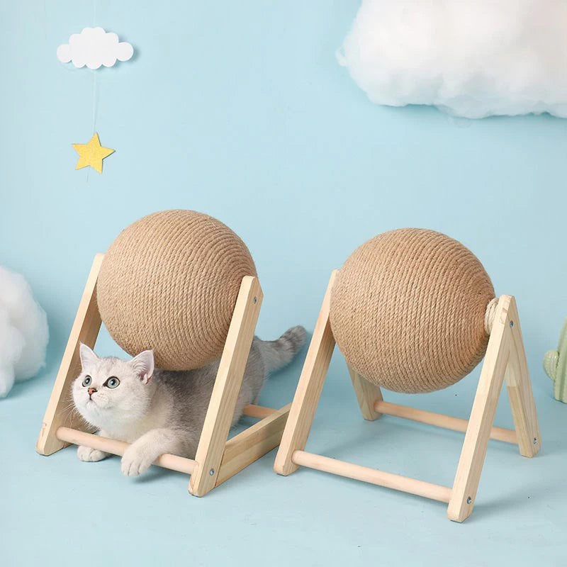 Wooden Cat Scratching Ball – Sisal Rope Ball for Indoor Cats with Anti-Tip Base