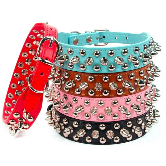 Red punk-style adjustable dog collar with metal spikes