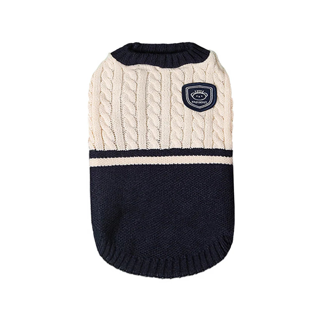 Knitted dog sweater with college style patch – premium winter pet clothing.