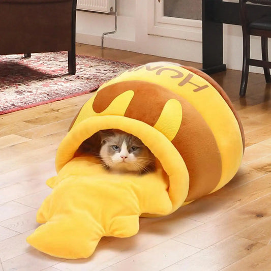 Yellow plush honey pot cat and dog cave bed