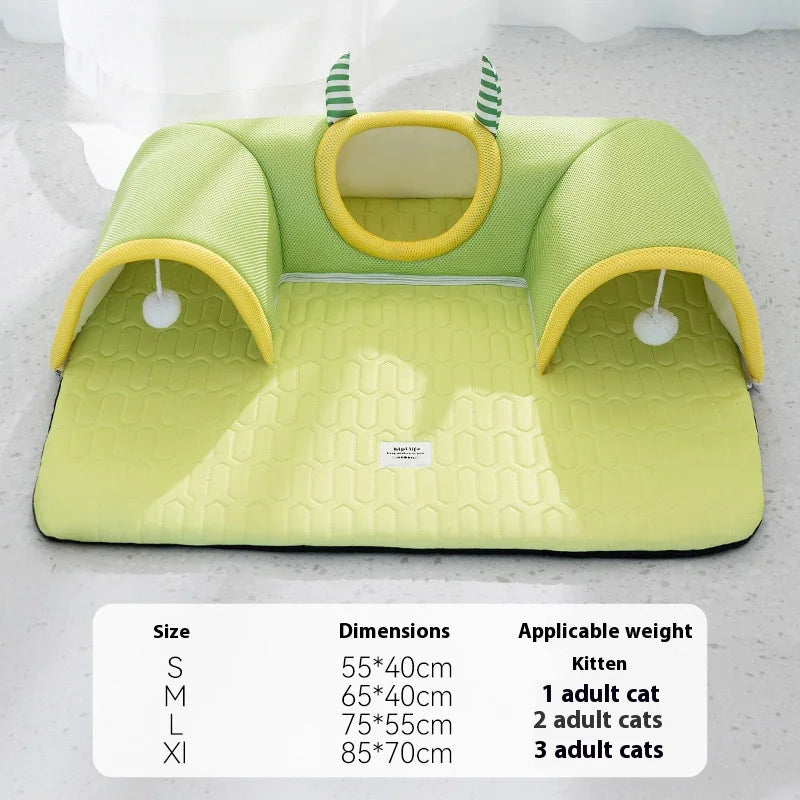 Cooling Cat Tunnel Bed – Summer Breathable Ice Silk Pet Mat with Tunnel for Cats, Anti-Slip Base, Soft Latex Nest for Small & Large Cats