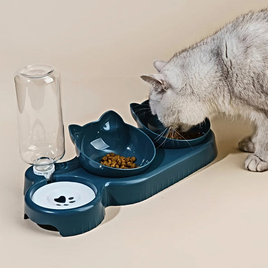 3-in-1 Cat Ear Pet Bowl Set with Automatic Water Dispenser – Anti-Vomiting Raised Cat and Dog Feeder with Tilted Food Bowls and Gravity Water Bottle