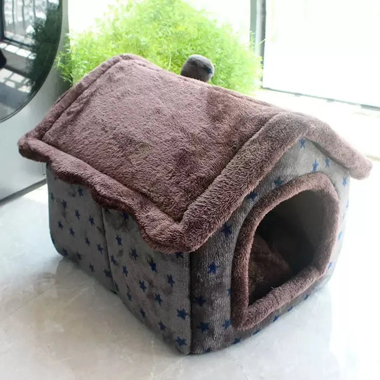 Foldable Dog & Cat House Bed – Warm Indoor Kennel with Cushion
