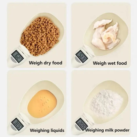 White food scoop scale showing portion of dry dog food