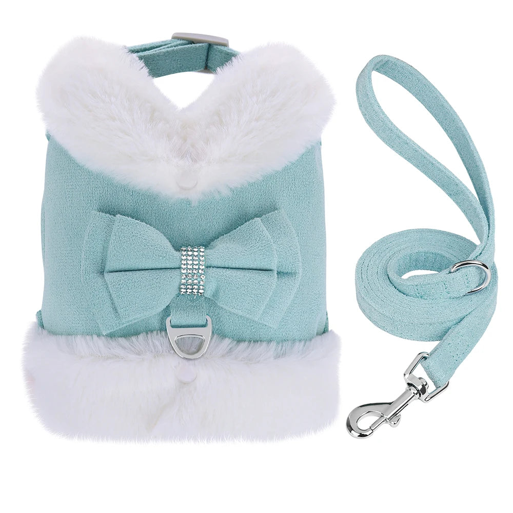 Warm Fur Dog Harness with Leash – Winter Padded Vest for Small Dogs & Cats