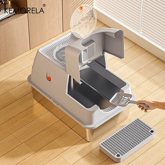 Cat entering modern odor-proof stainless steel litter box