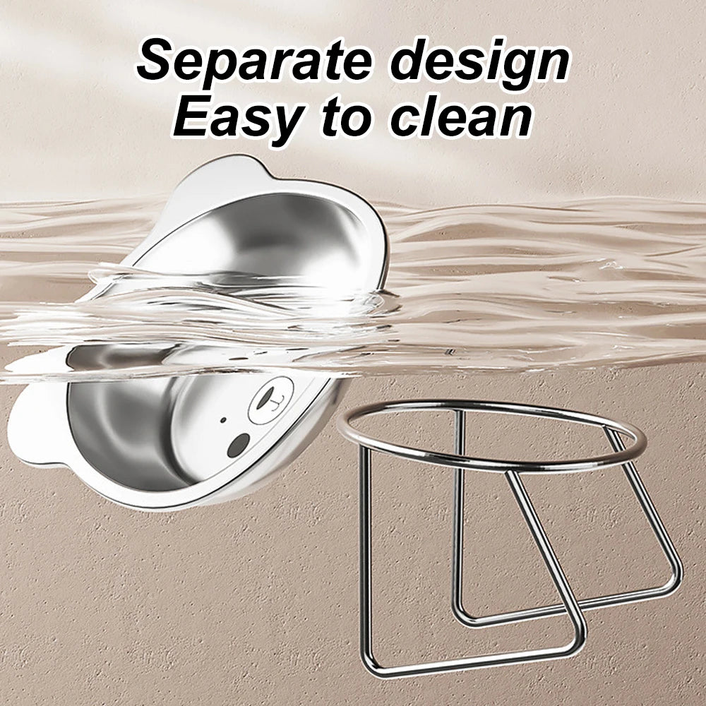 Close-up of stainless steel pet bowl with stand