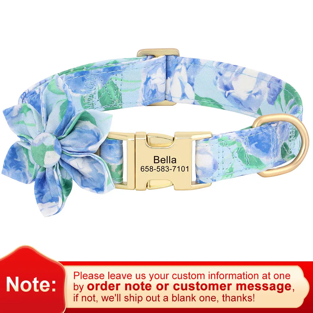 Personalized Nylon Dog Collar with Flower Decoration – Custom Engraved ID Tag, Adjustable Pet Collar