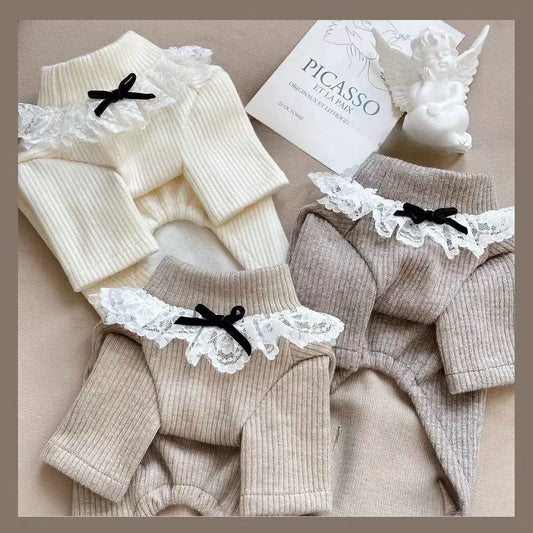 Small dog sweater with lace trim and bow