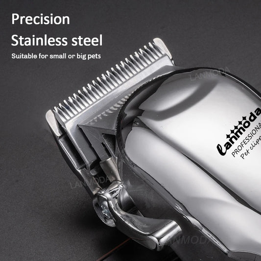 Close-up of stainless steel blades on pet hair trimmer