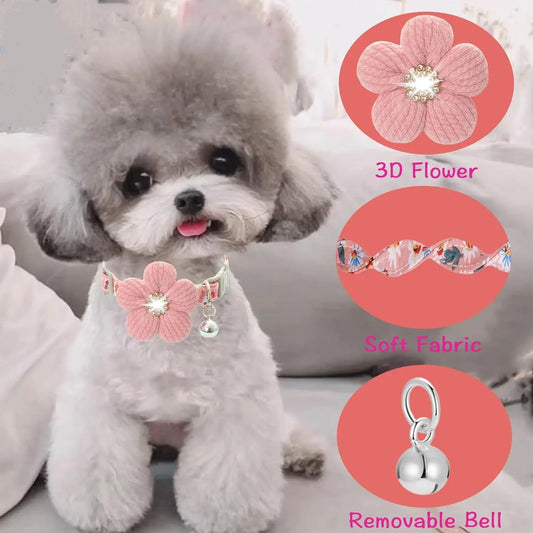 Pink flower puppy collar with bell