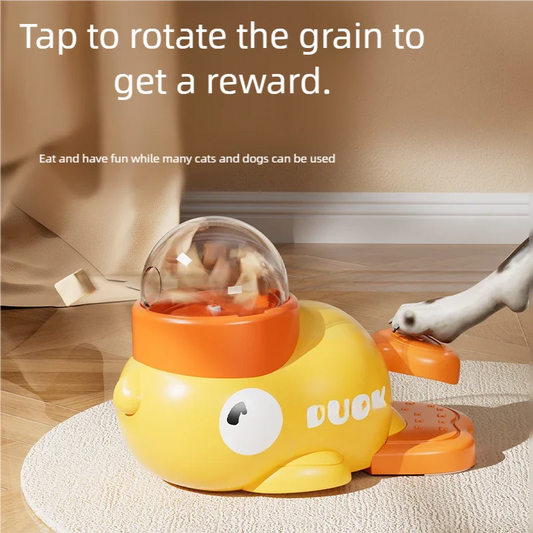 Dog playing with duck-shaped slow feeder toy