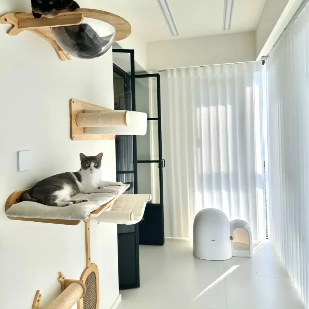 Triple wooden ladder for cats – durable wall-mounted climbing step