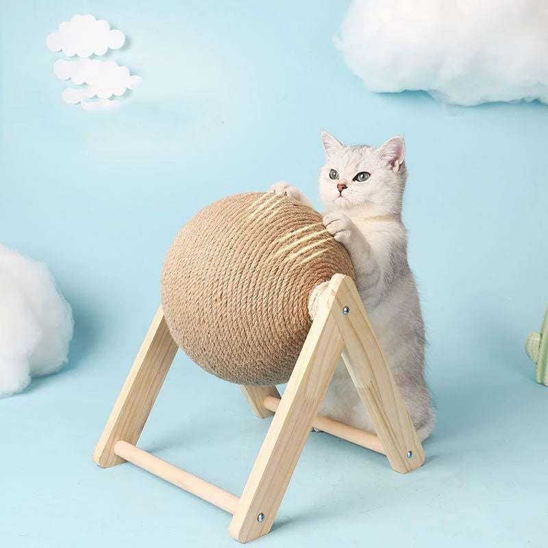 Wooden Cat Scratching Ball – Sisal Rope Ball for Indoor Cats with Anti-Tip Base
