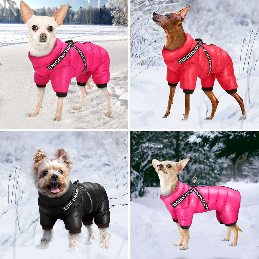 Red insulated dog jacket with thick cotton padding and integrated leash harness