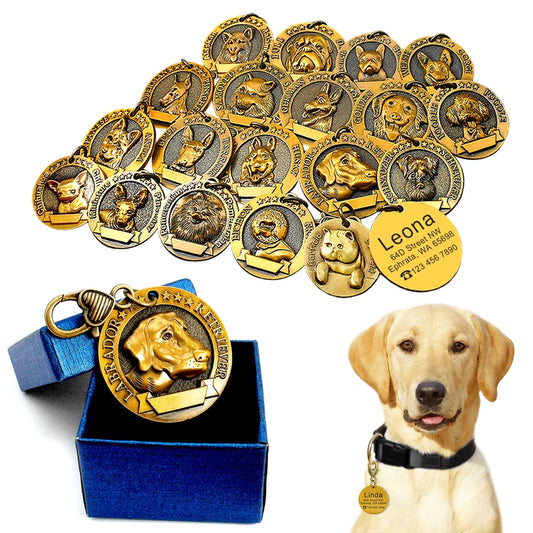 Personalized gold dog ID tag with engraved name and phone number