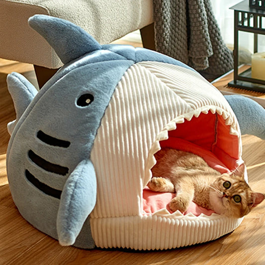 Blue shark cat bed enclosed warm cave with fleece cushion