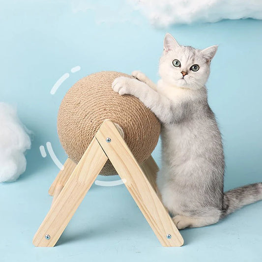 Wooden Cat Scratching Ball – Sisal Rope Ball for Indoor Cats with Anti-Tip Base