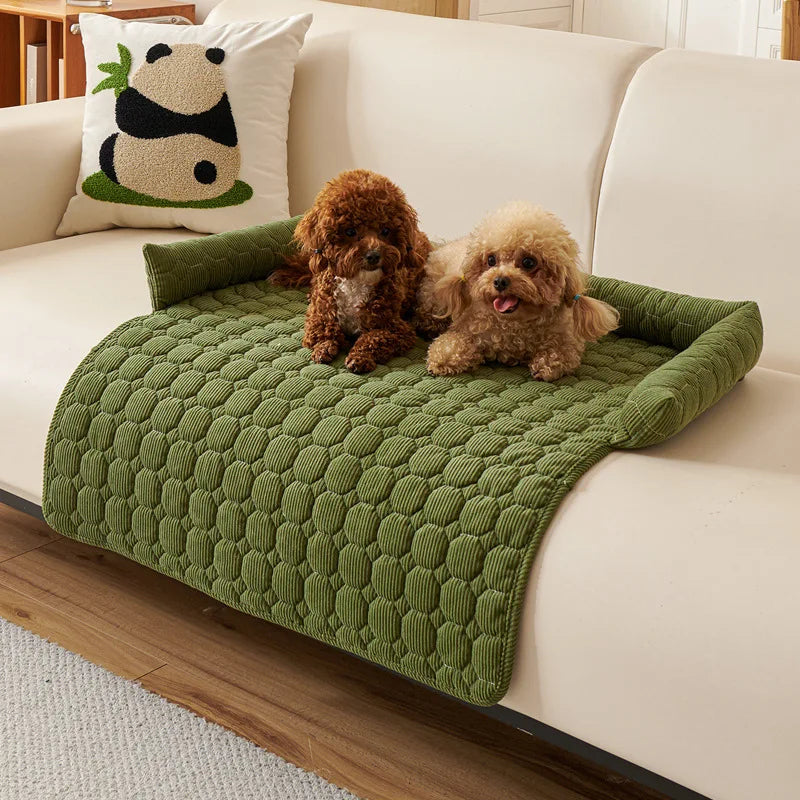 Two small dogs on quilted non-slip pet bed cover in beige