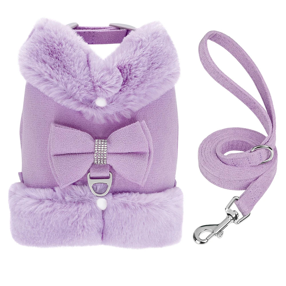 Warm Fur Dog Harness with Leash – Winter Padded Vest for Small Dogs & Cats