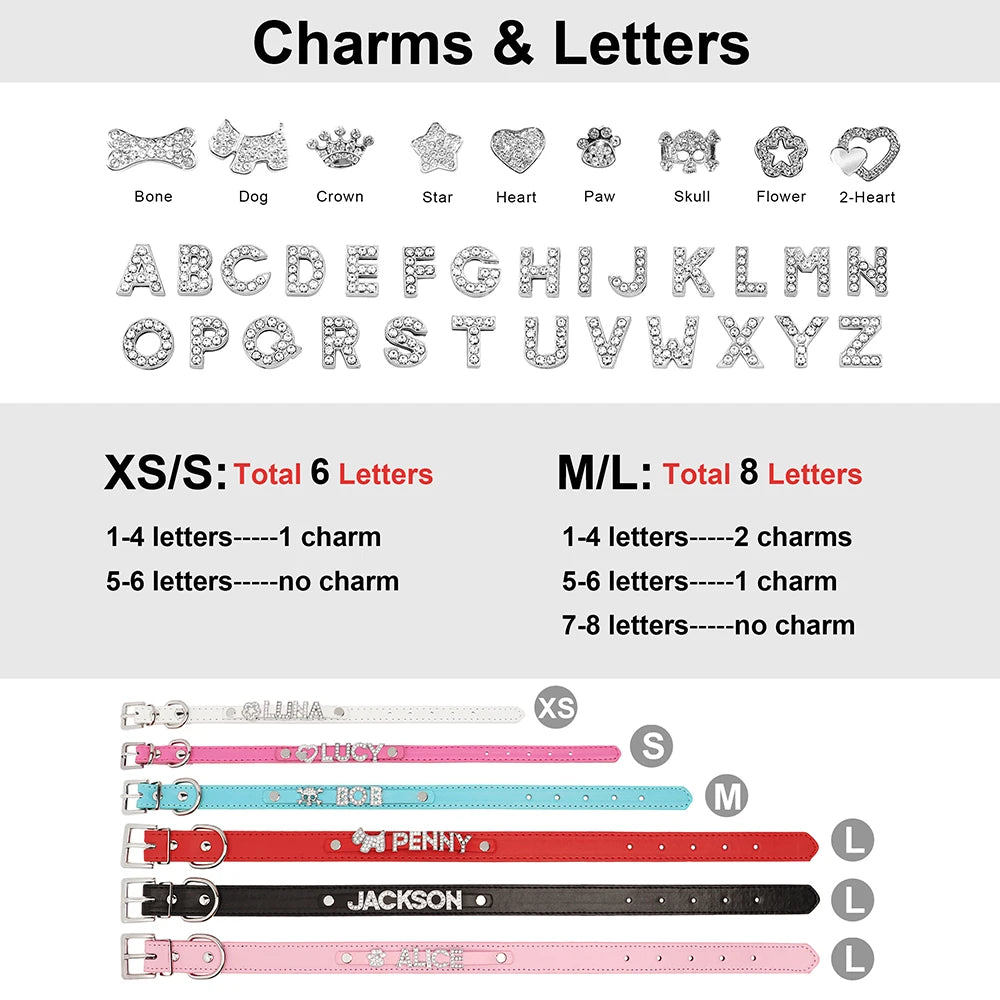 White puppy wearing custom bling dog collar with name charms