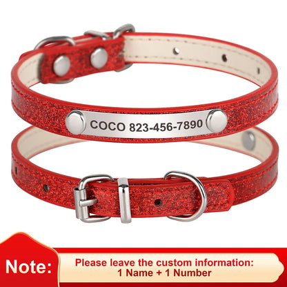 Personalized Bling Cat & Dog Collar – Custom Engraved ID Nameplate | Adjustable Leather Pet Collar