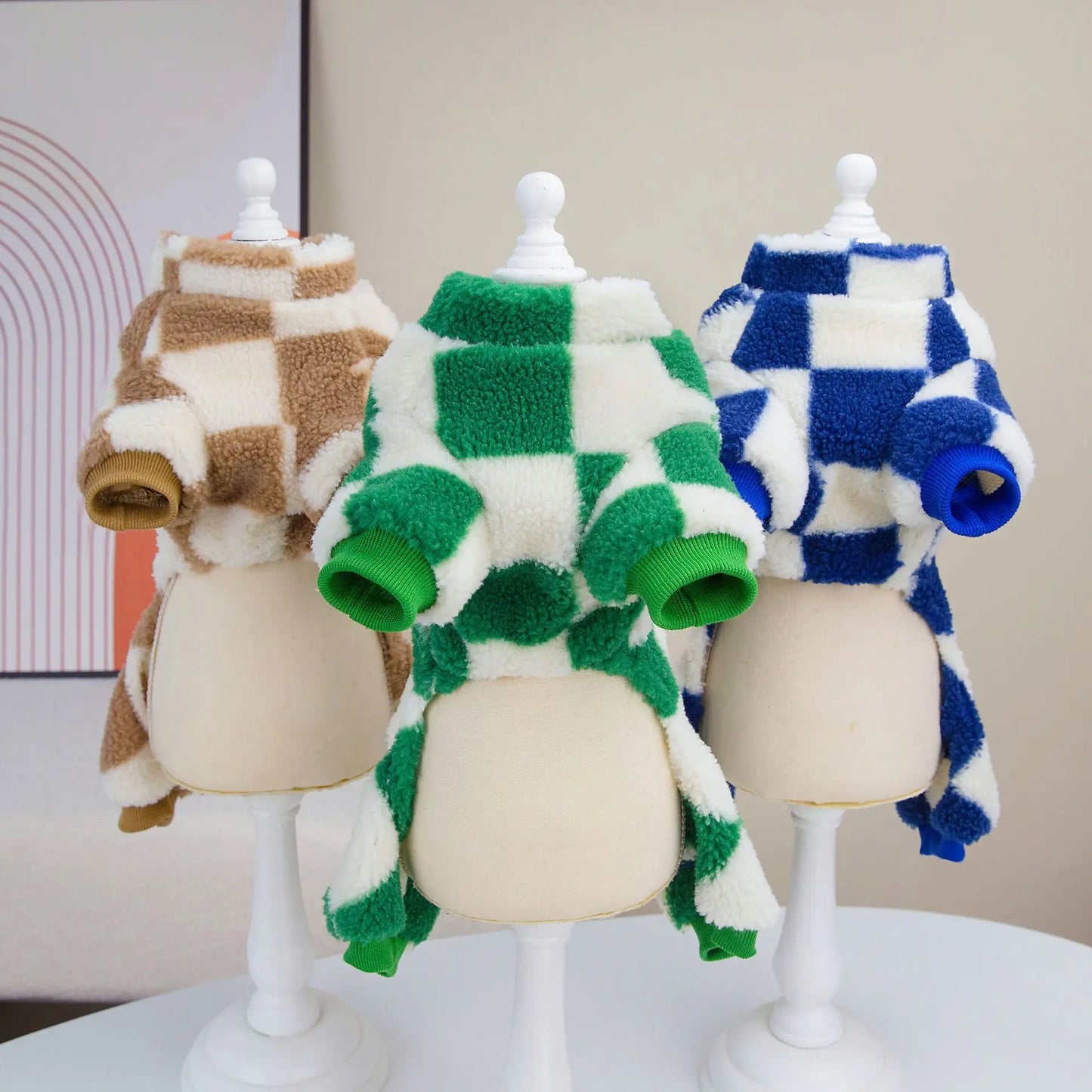 Brown plaid dog pajamas in warm coral fleece