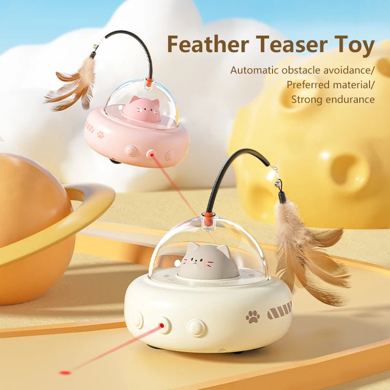 "Electric UFO cat teaser toy with rotating feather and bell"