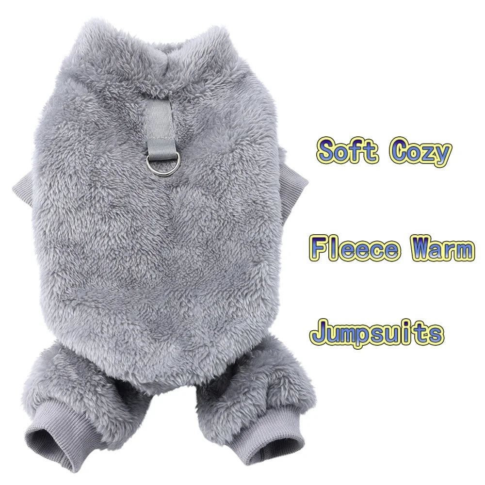 Warm dog fleece jumpsuit with full coverage
