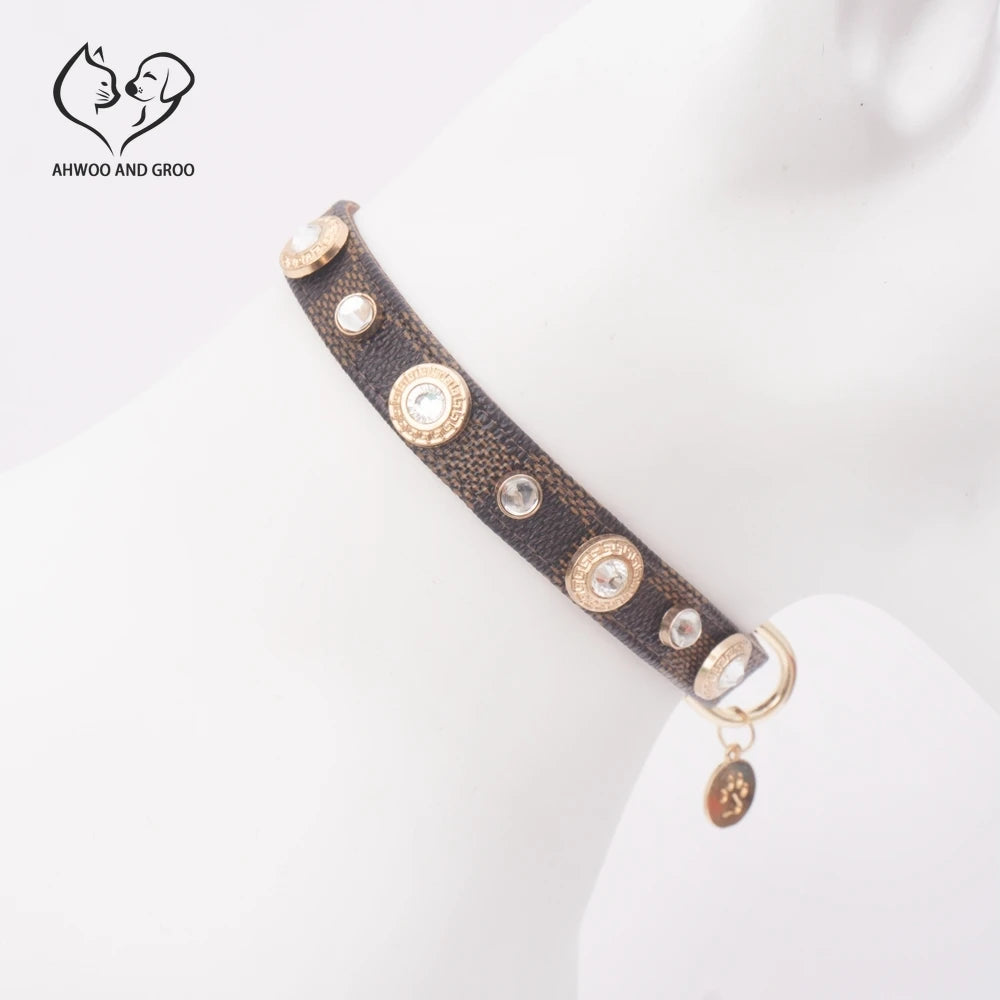 Brown PU leather pet collar with jeweled details