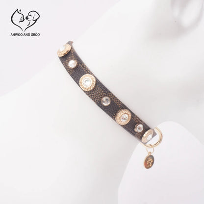 Brown PU leather pet collar with jeweled details