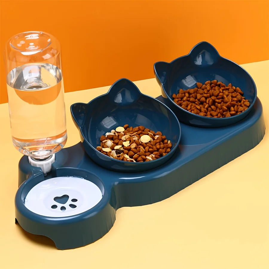 3-in-1 Cat Ear Pet Bowl Set with Automatic Water Dispenser – Anti-Vomiting Raised Cat and Dog Feeder with Tilted Food Bowls and Gravity Water Bottle