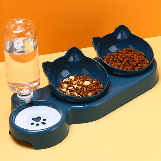 3-in-1 Cat Ear Pet Bowl Set with Automatic Water Dispenser – Anti-Vomiting Raised Cat and Dog Feeder with Tilted Food Bowls and Gravity Water Bottle