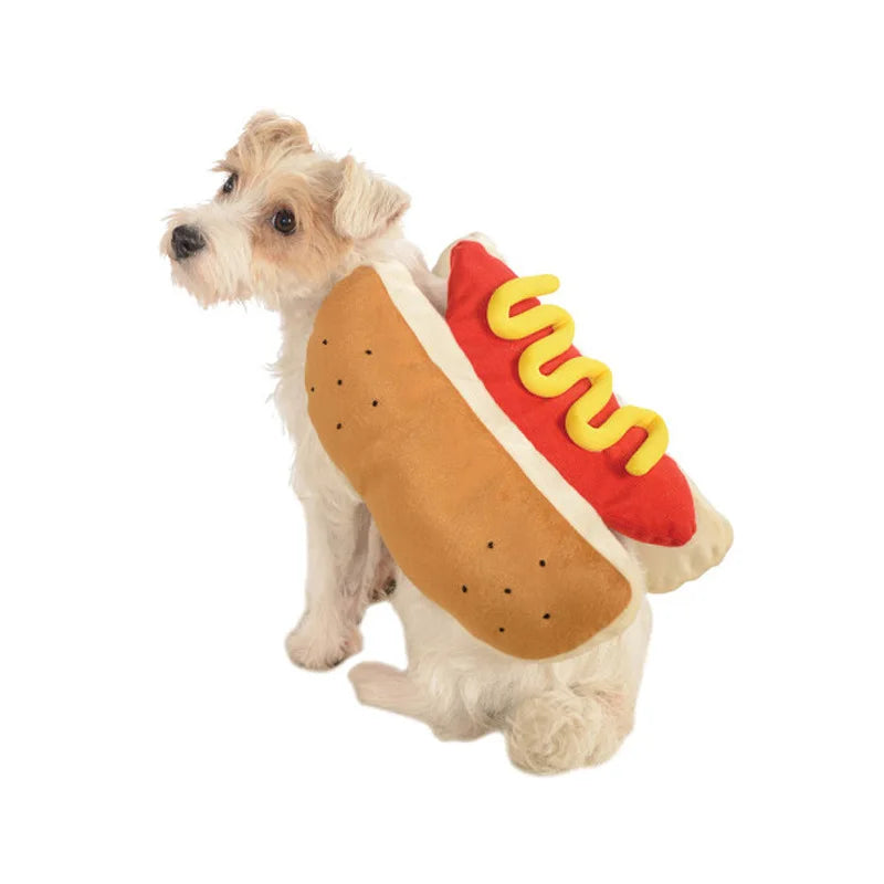 Dachshund dressed as a hot dog with mustard