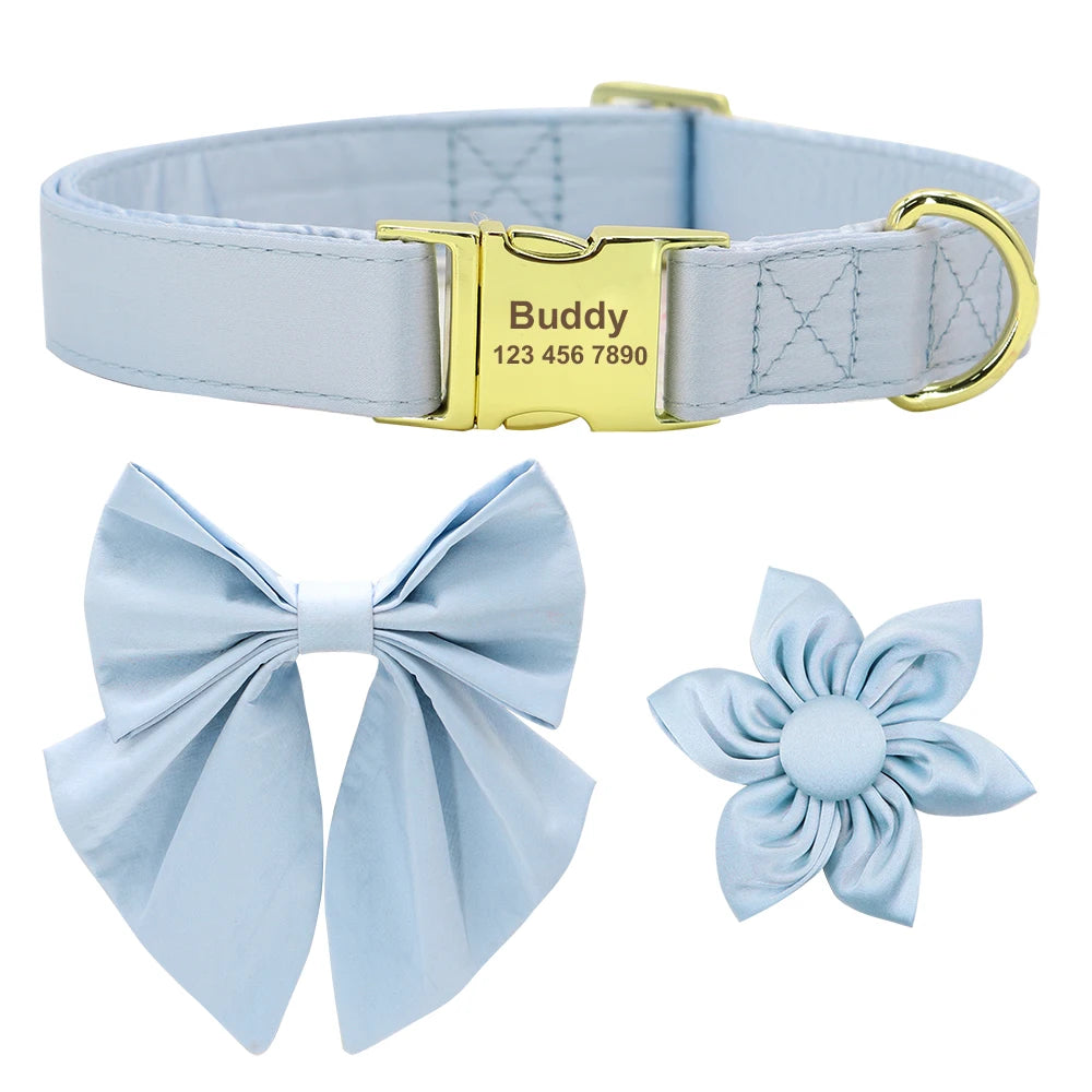 Personalized Dog Collar with Bowknot & Flower – Engraved Name Tag, Adjustable for Small, Medium & Large Dogs