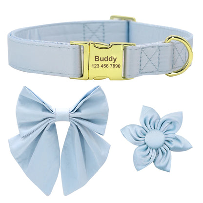 Personalized Dog Collar with Bowknot & Flower – Engraved Name Tag, Adjustable for Small, Medium & Large Dogs