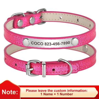Personalized Bling Cat & Dog Collar – Custom Engraved ID Nameplate | Adjustable Leather Pet Collar