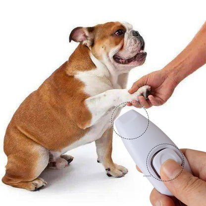 Hand holding 2 in 1 dog training clicker with whistle