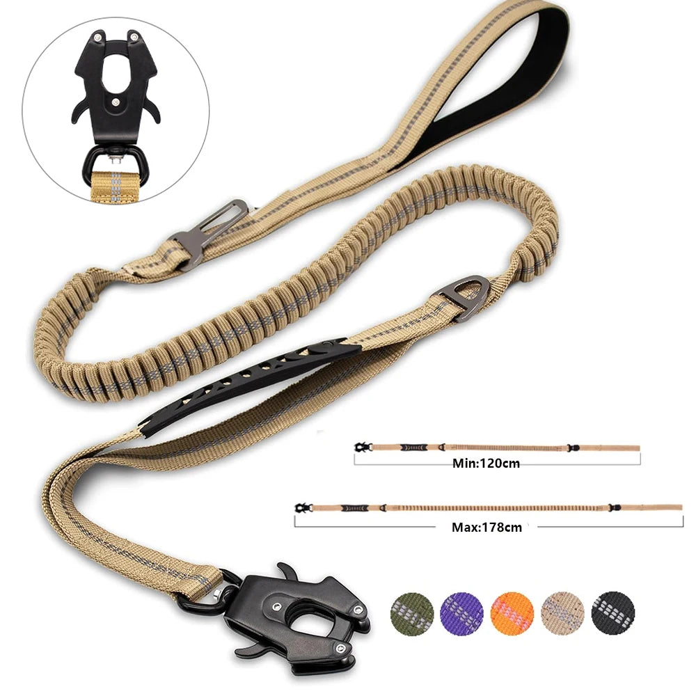 Reflective shock-absorbing dog leash with car seatbelt clip