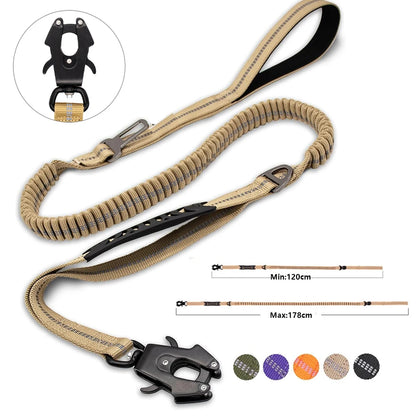 Reflective shock-absorbing dog leash with car seatbelt clip