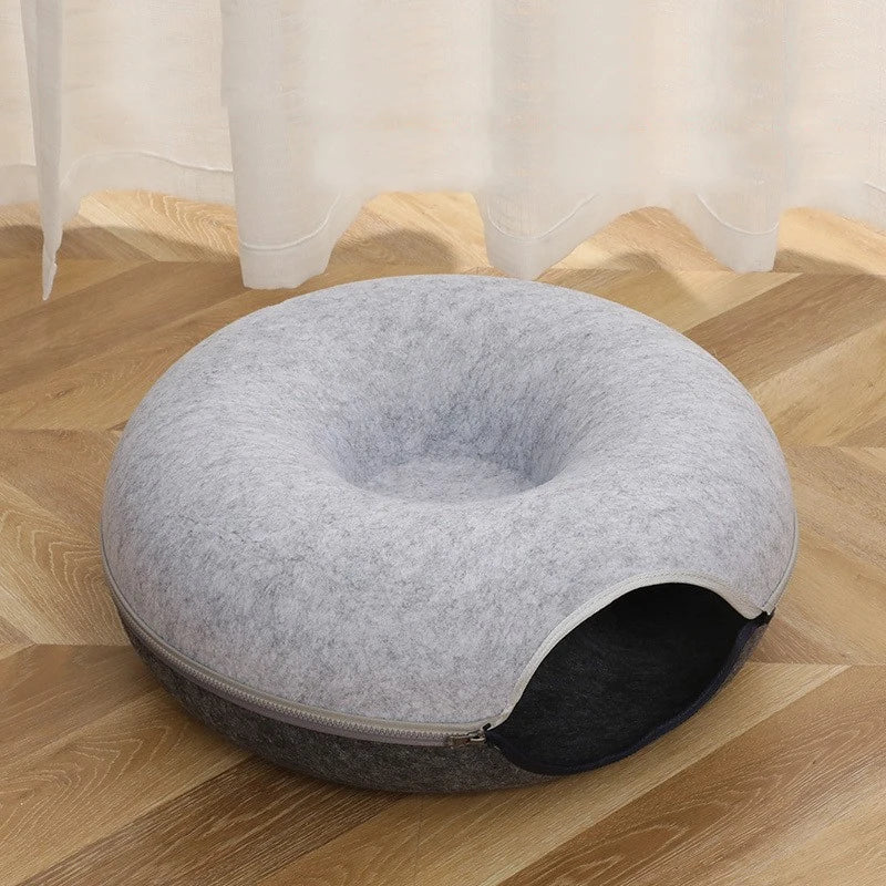 Donut Cat Bed with Tunnel – Dual-Use Cat House and Play Toy, Cozy Felt Bed for Kittens and Cats