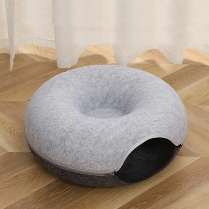 Donut Cat Bed with Tunnel – Dual-Use Cat House and Play Toy, Cozy Felt Bed for Kittens and Cats