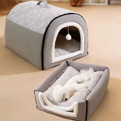Brown winter pet house bed for cats and puppies