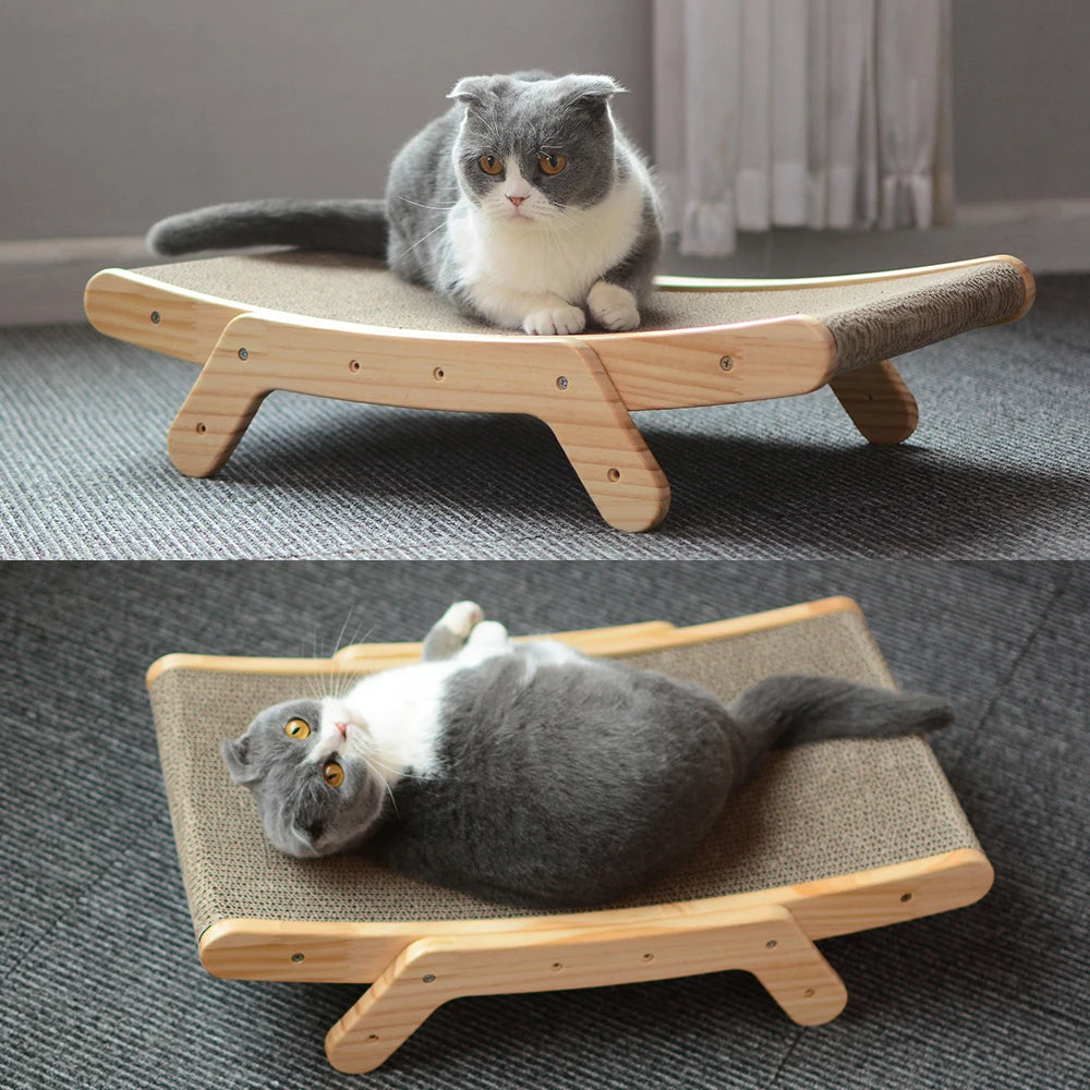 Cat using wooden scratcher – durable scratch board with curved frame
