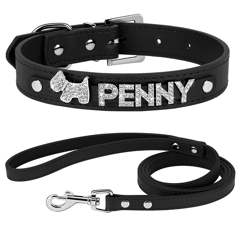 Personalized Dog Collar with Name & Leash – Custom Bling