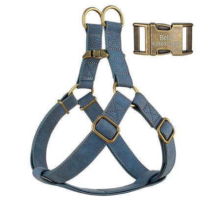 Custom PU Leather Dog Harness with Engraved ID Buckle & Matching Leash – Adjustable