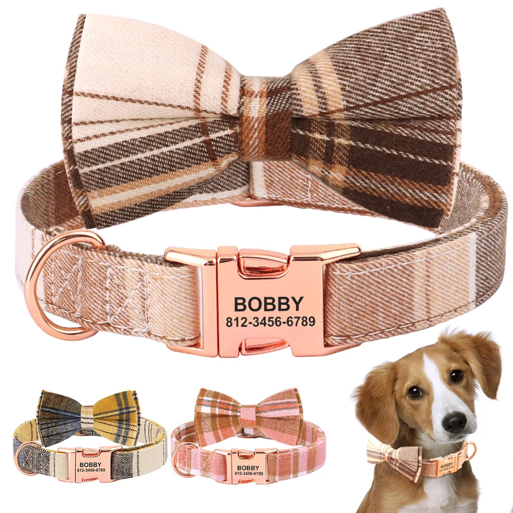 Personalized plaid dog collar with bow and engraved ID tag – brown design