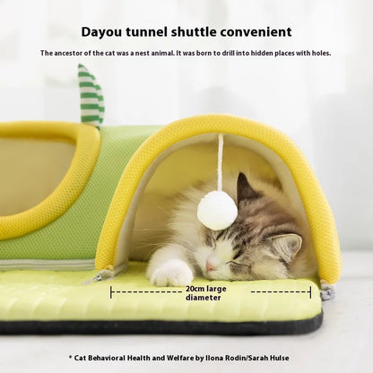 Cooling Cat Tunnel Bed – Summer Breathable Ice Silk Pet Mat with Tunnel for Cats, Anti-Slip Base, Soft Latex Nest for Small & Large Cats